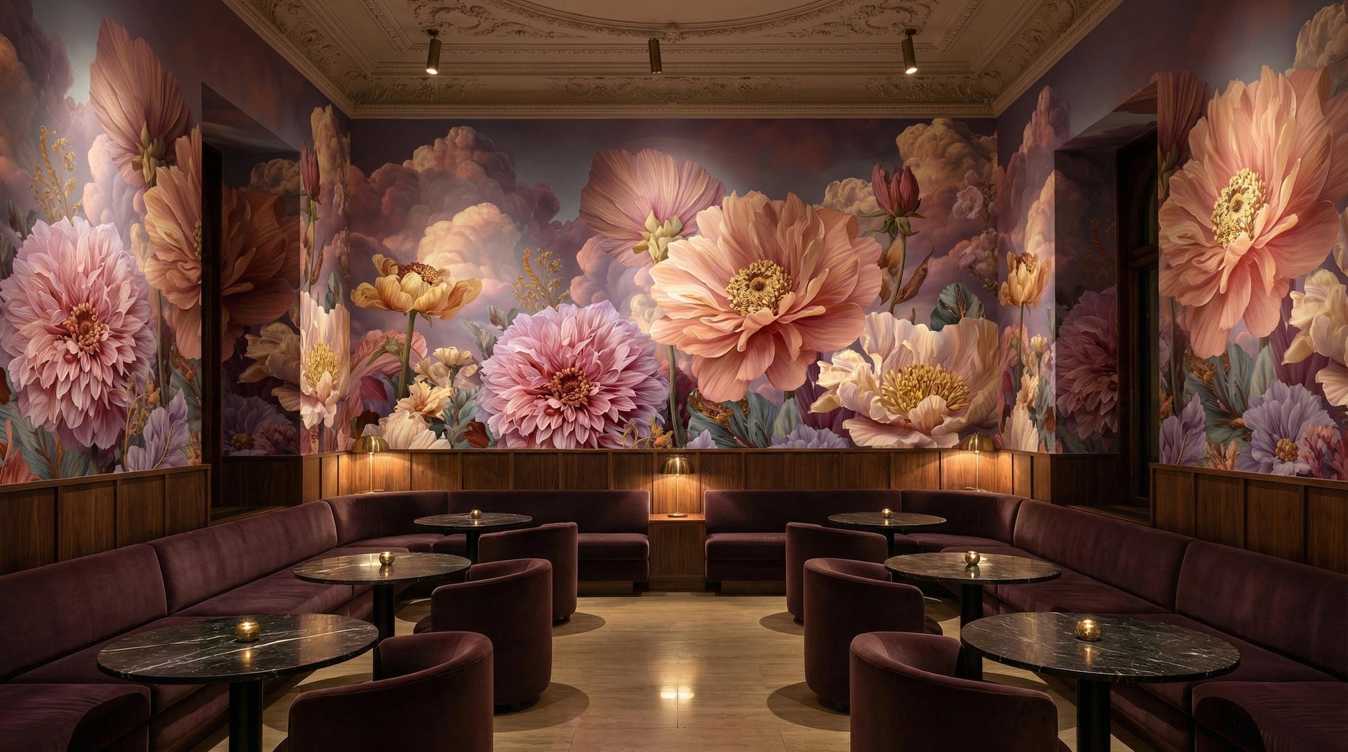 Romantic Pastel Botanical Dahlias Floral Wallpaper – peel and stick wallpaper mural, Golden Era Walls
