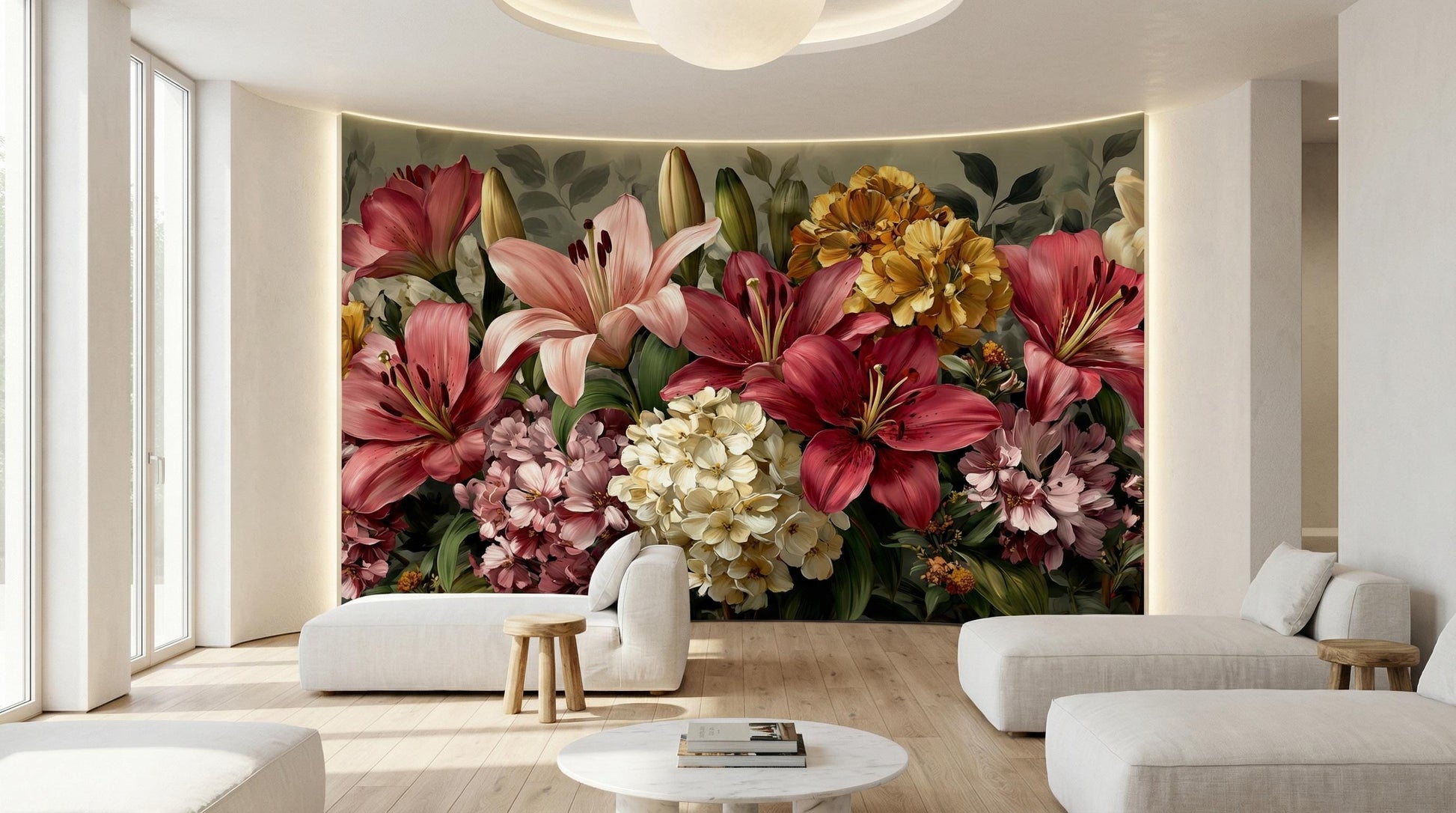 Romantic Dark Botanical Ruby Floral Wallpaper – lifestyle view, Golden Era Walls