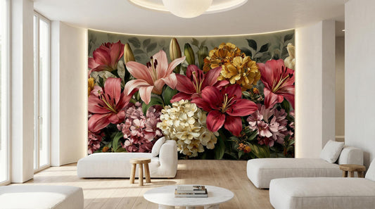 Romantic Dark Botanical Ruby Floral Wallpaper – lifestyle view, Golden Era Walls