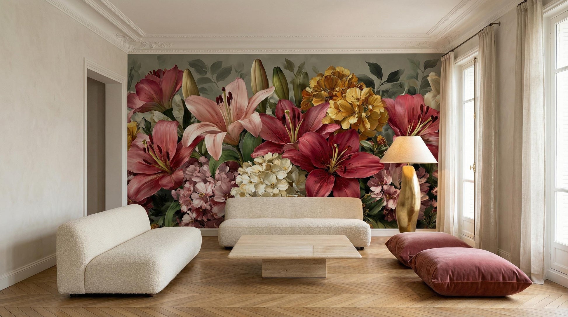 Romantic Dark Botanical Ruby Floral Wallpaper – scale reference, Golden Era Walls