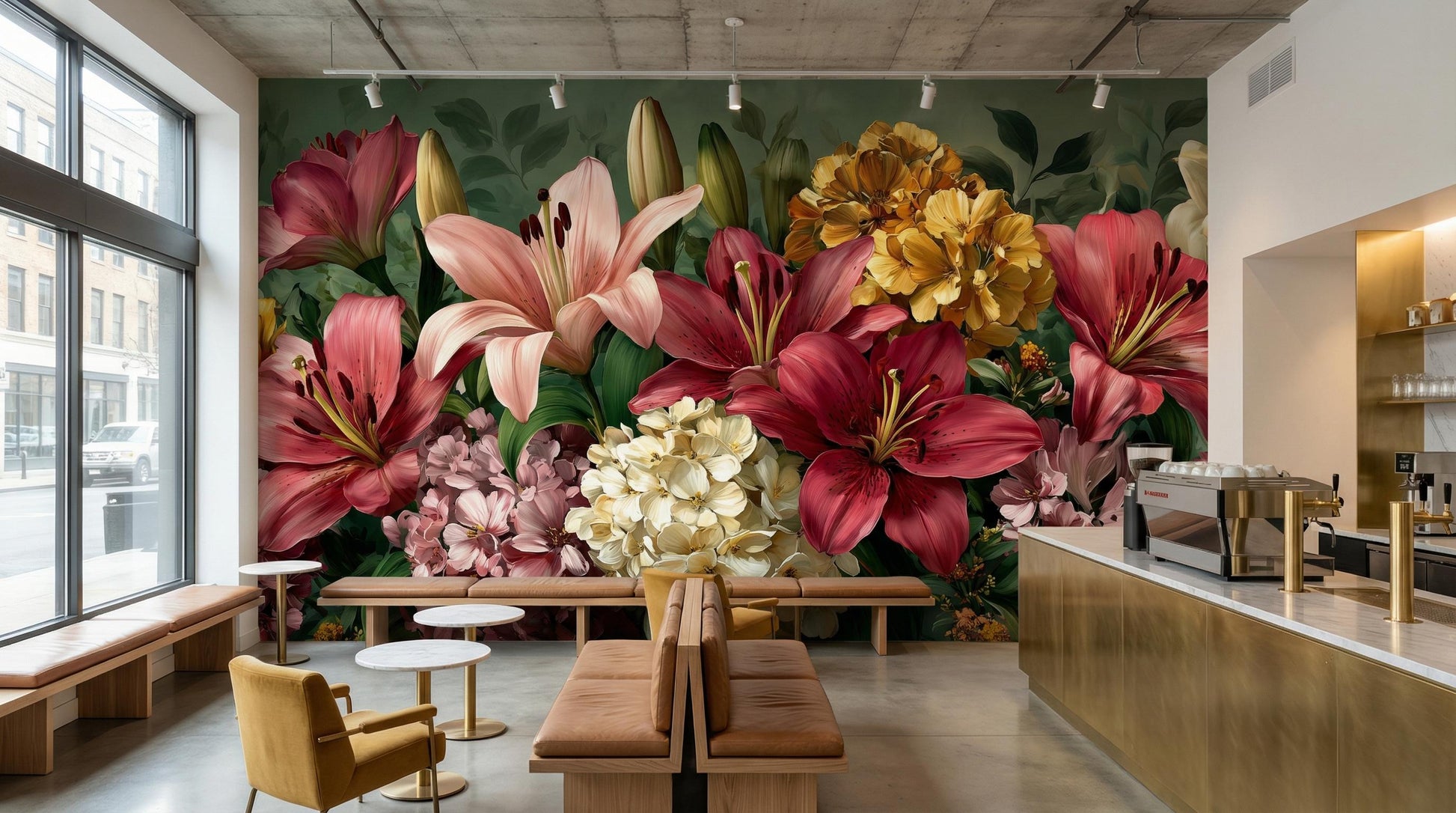 Romantic Dark Botanical Ruby Floral Wallpaper – detail view, Golden Era Walls