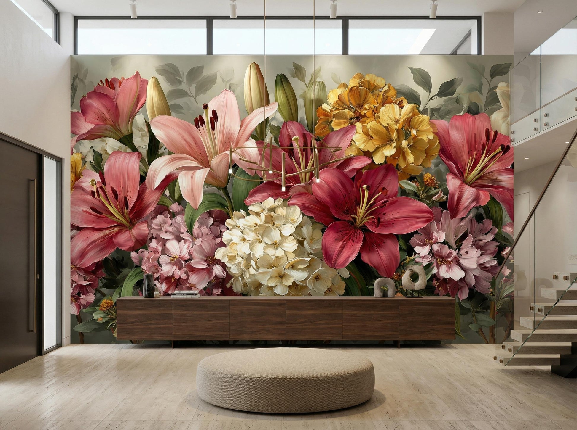 Romantic Dark Botanical Ruby Floral Wallpaper – room setting, Golden Era Walls