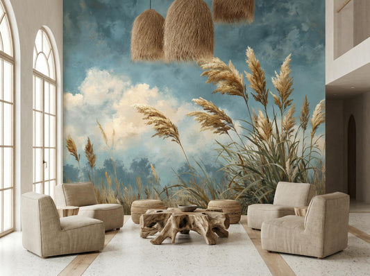 Pampas Grass Wild Meadow Wallpaper – peel and stick wallpaper mural, Golden Era Walls
