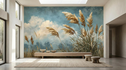 Pampas Grass Wild Meadow Wallpaper – room setting, Golden Era Walls