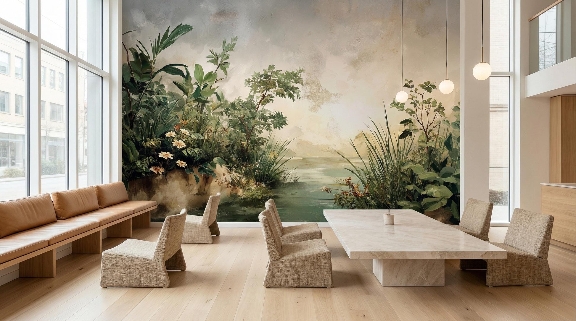 Vintage Landscape Sage Green Floral Wallpaper – lifestyle view, Golden Era Walls