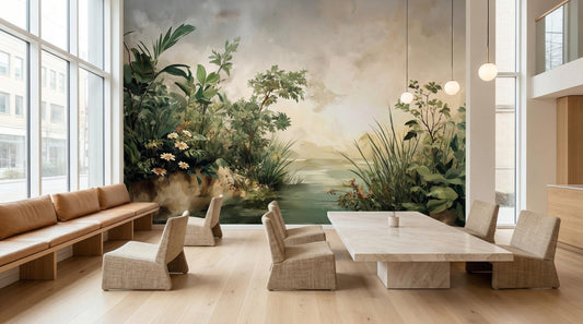 Vintage Landscape Sage Green Floral Wallpaper – lifestyle view, Golden Era Walls