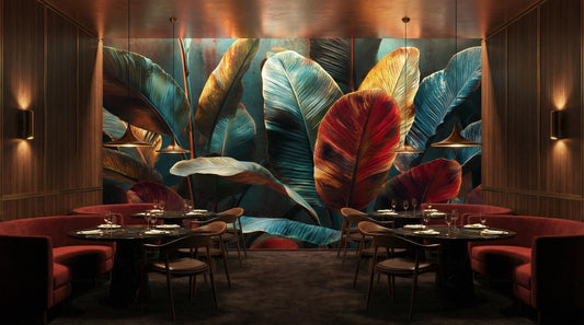 Bold Red Teal Banana Floral Wallpaper – detail view, Golden Era Walls