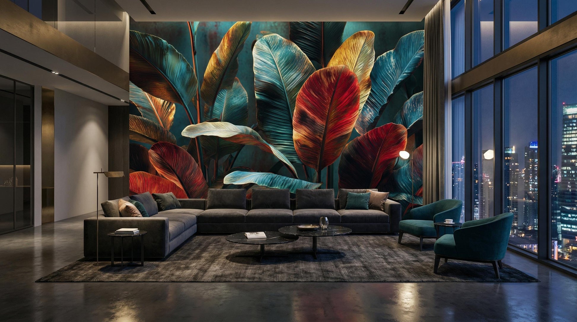 Bold Red Teal Banana Floral Wallpaper – scale reference, Golden Era Walls