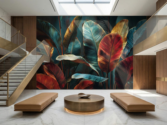 Bold Red Teal Banana Floral Wallpaper – lifestyle view, Golden Era Walls