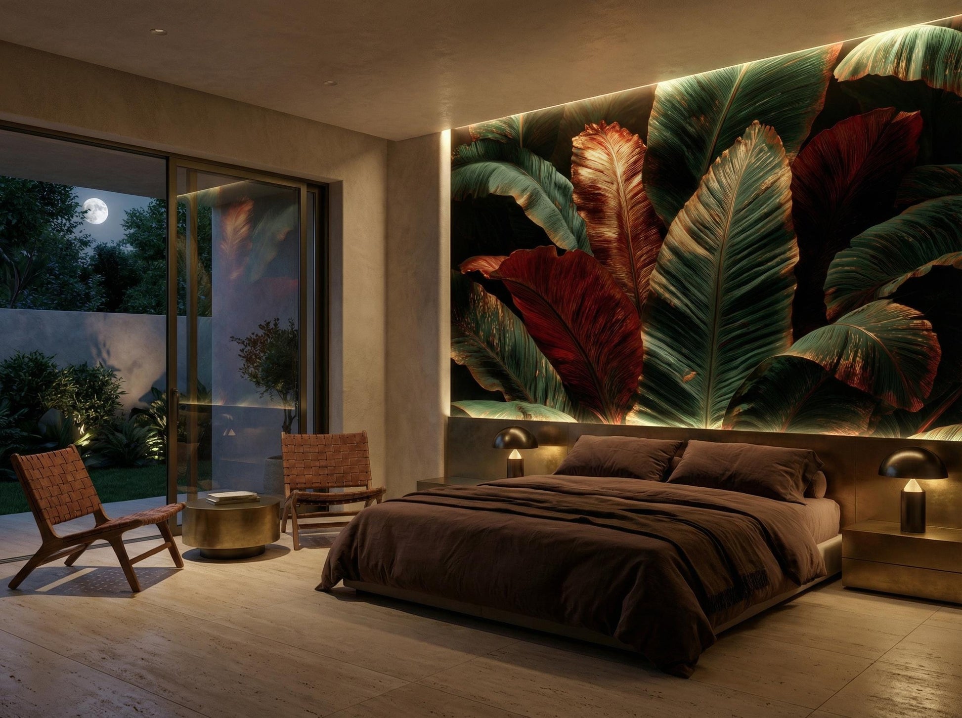 Dark Tropical Metallic Copper Floral Wallpaper – room setting, Golden Era Walls
