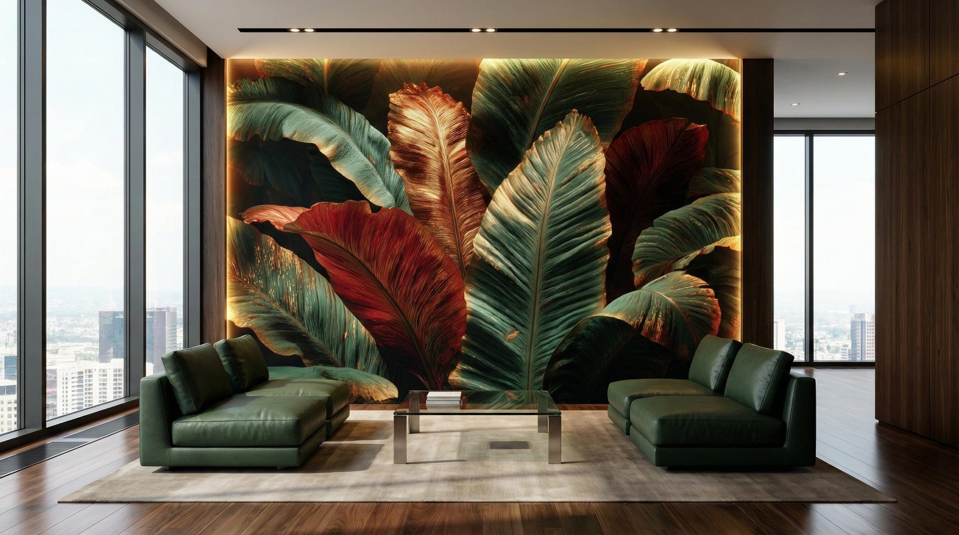 Dark Tropical Metallic Copper Floral Wallpaper – scale reference, Golden Era Walls