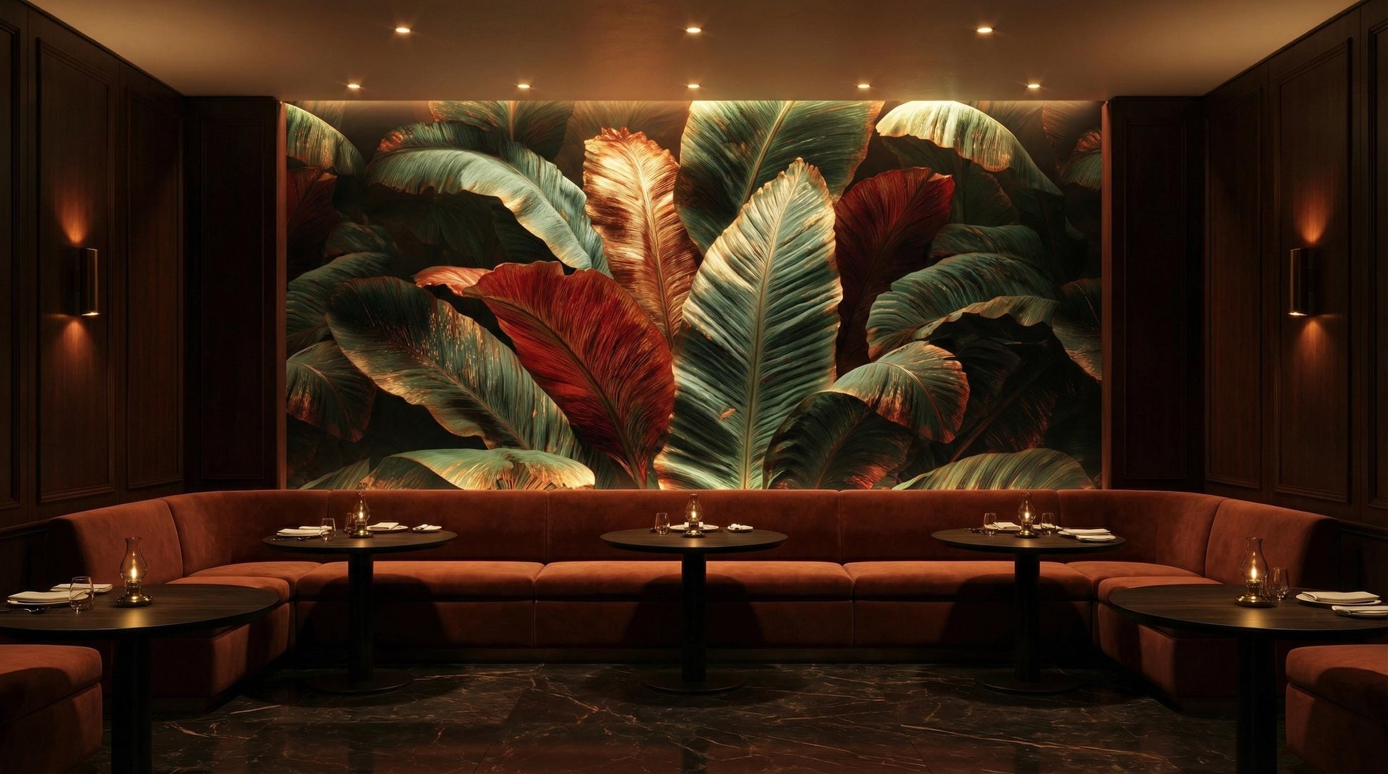 Dark Tropical Metallic Copper Floral Wallpaper – detail view, Golden Era Walls