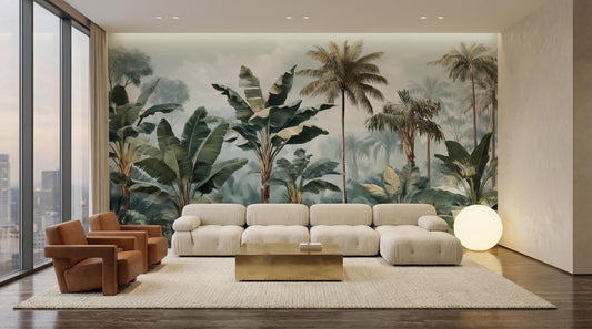 Muted Tropical Jungle Modern Floral Wallpaper – detail view, Golden Era Walls