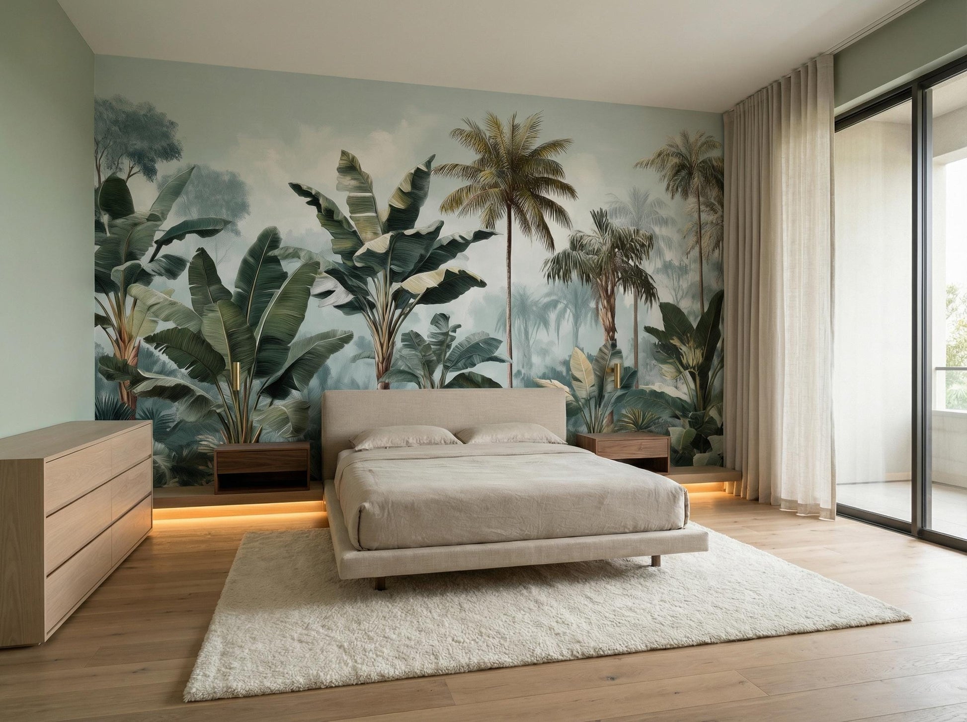 Muted Tropical Jungle Modern Floral Wallpaper – lifestyle view, Golden Era Walls
