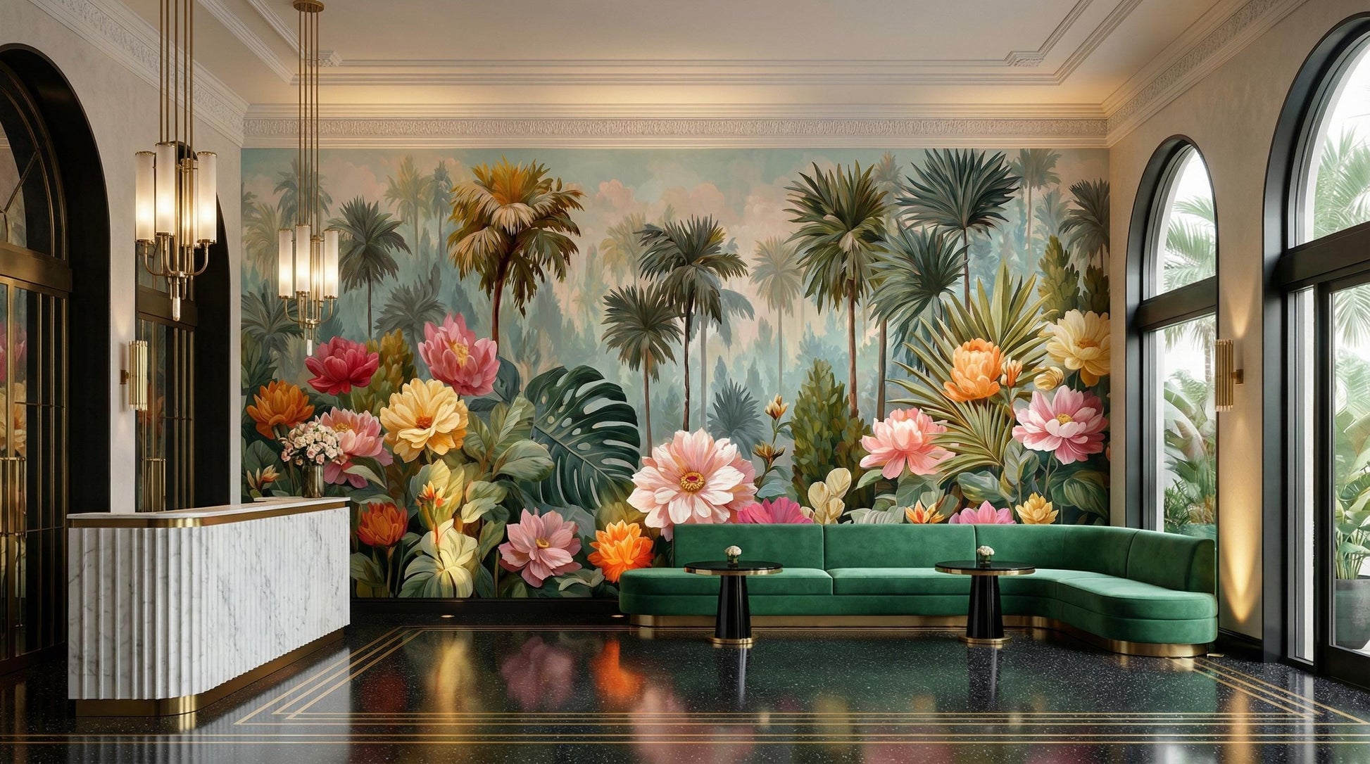 Tropical Floral Jungle Maximalist Floral Wallpaper – room setting, Golden Era Walls