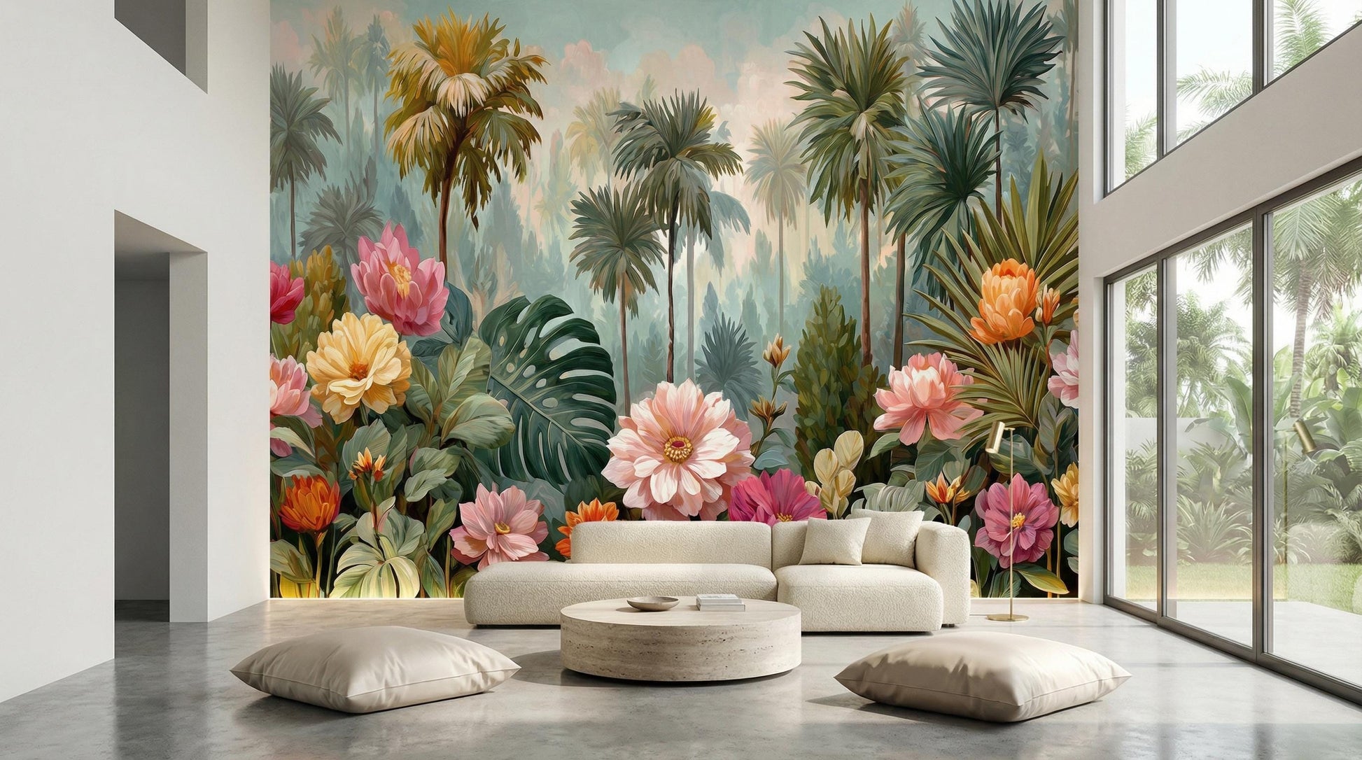 Tropical Floral Jungle Maximalist Floral Wallpaper – scale reference, Golden Era Walls