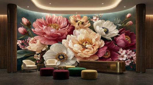 Romantic Botanical Decor Anemone Floral Wallpaper – room setting, Golden Era Walls