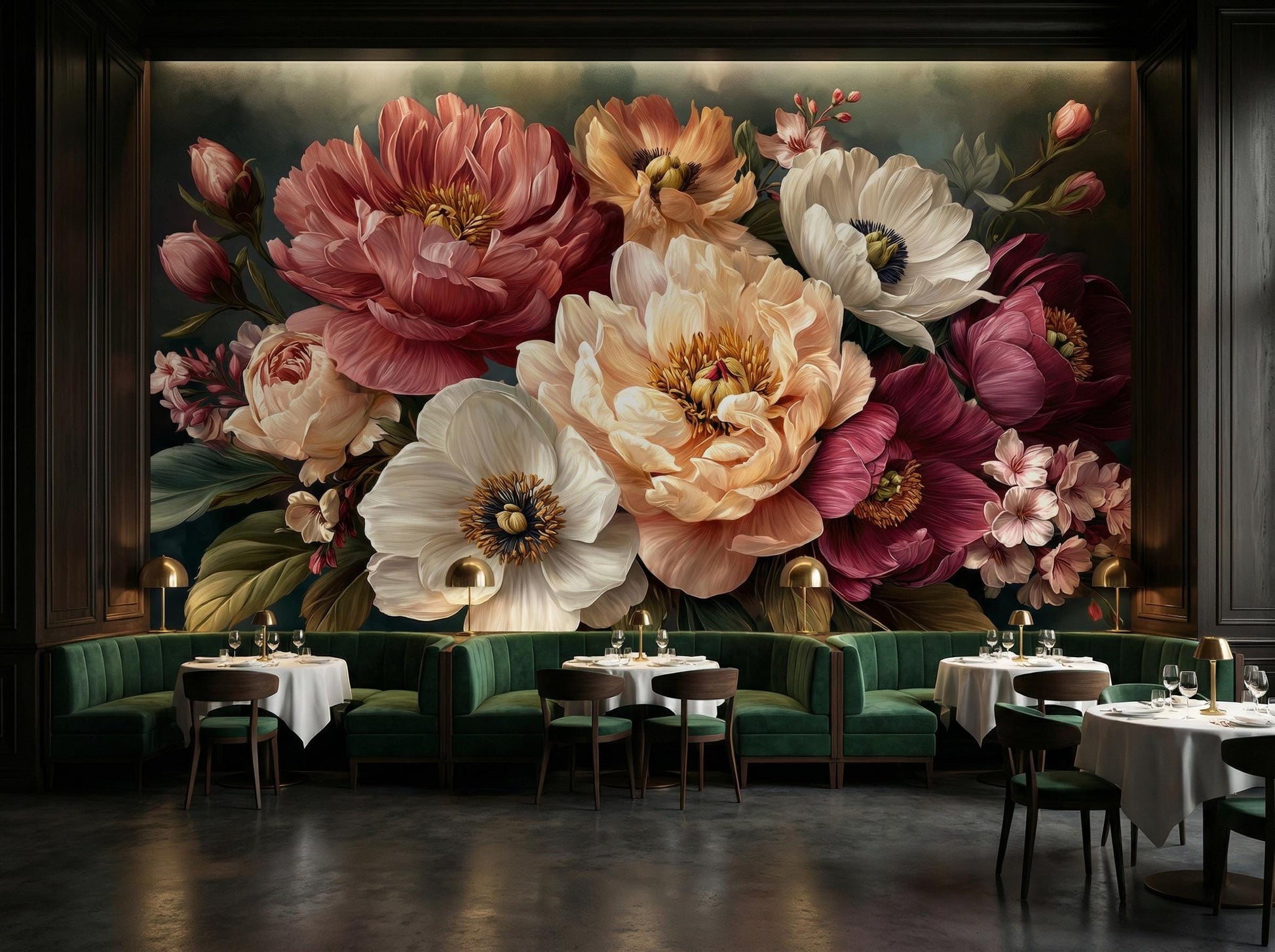 Romantic Botanical Decor Anemone Floral Wallpaper – scale reference, Golden Era Walls