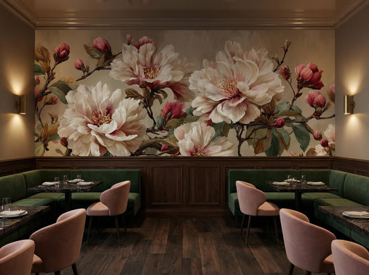 Vintage Peony Cream Pink Floral Wallpaper – room setting, Golden Era Walls