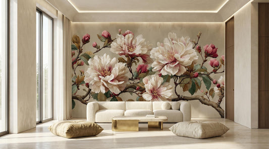 Vintage Peony Cream Pink Floral Wallpaper – lifestyle view, Golden Era Walls