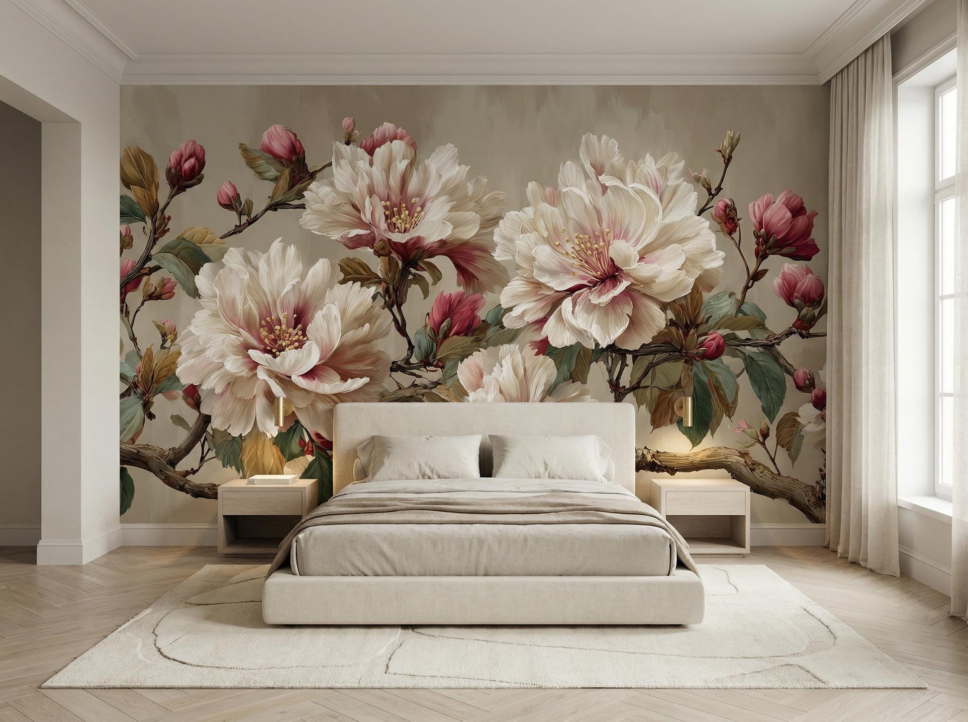 Vintage Peony Cream Pink Floral Wallpaper – peel and stick wallpaper mural, Golden Era Walls