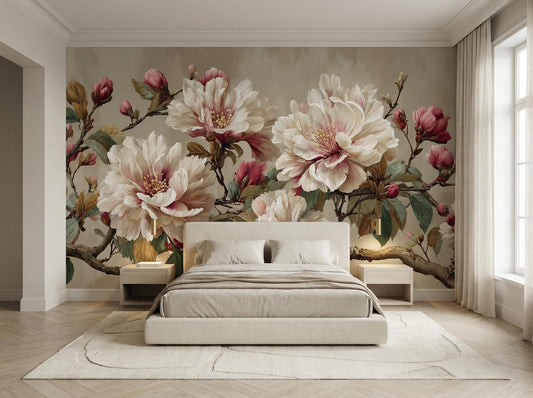 Vintage Peony Cream Pink Floral Wallpaper – peel and stick wallpaper mural, Golden Era Walls