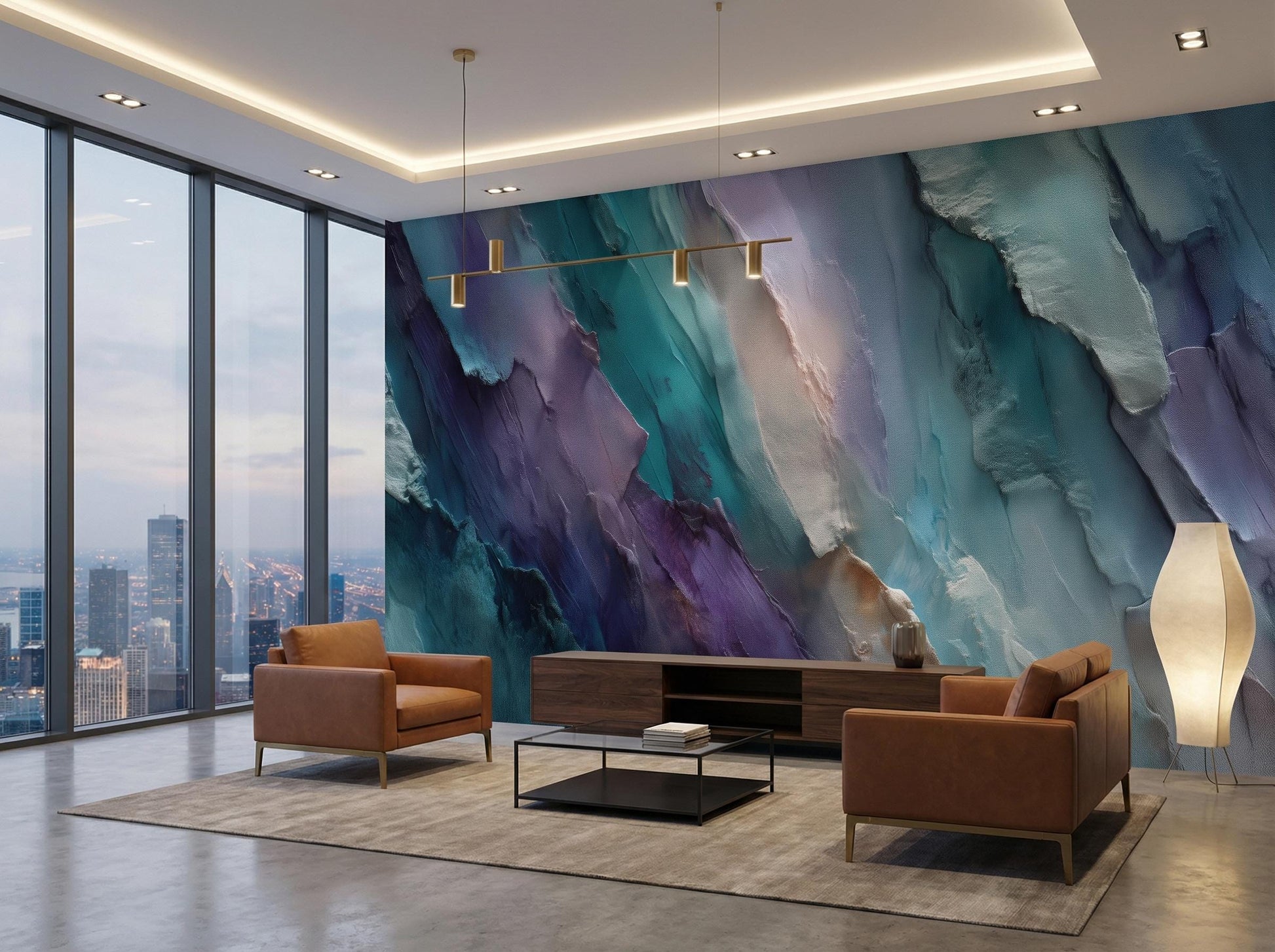 Abstract Purple Teal Modern Geometric Wallpaper – scale reference, Golden Era Walls