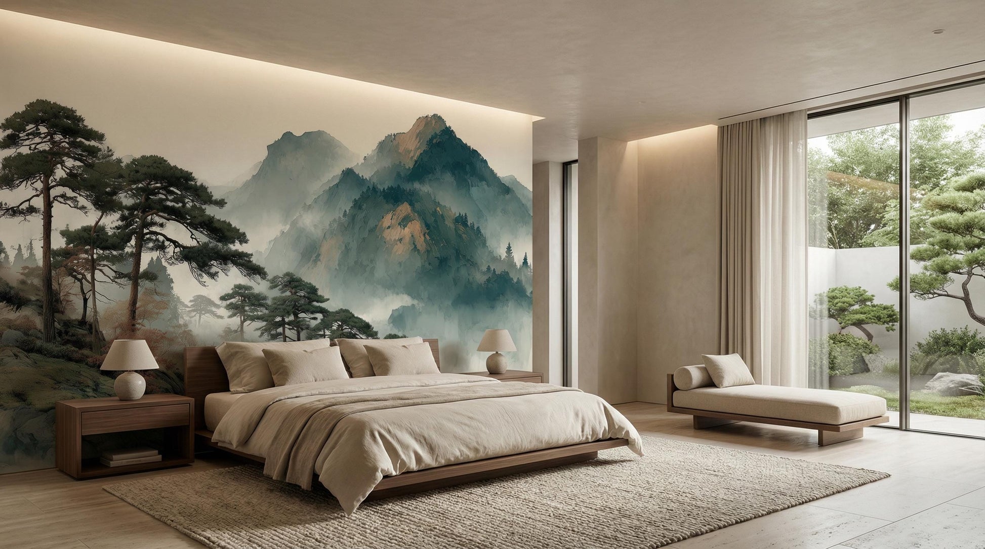 Asian Inspired Nature Sage Wallpaper – room setting, Golden Era Walls