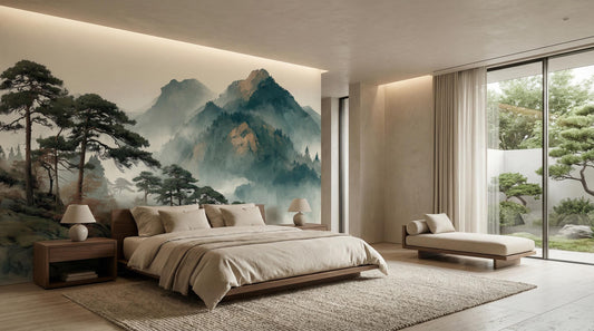 Asian Inspired Nature Sage Wallpaper – room setting, Golden Era Walls