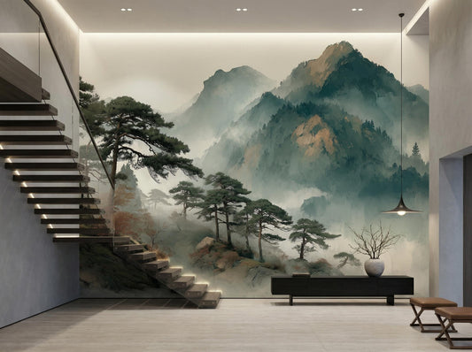 Asian Inspired Nature Sage Wallpaper – lifestyle view, Golden Era Walls