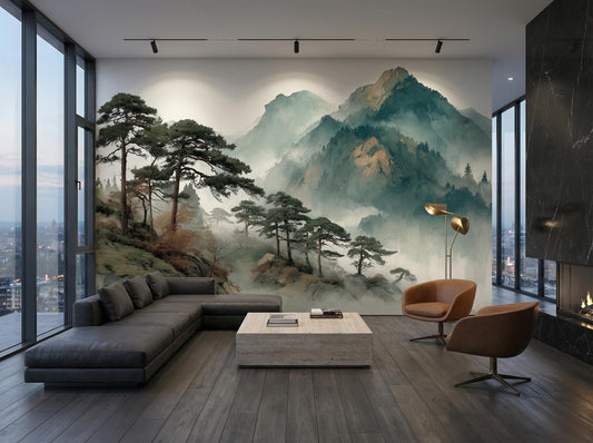 Asian Inspired Nature Sage Wallpaper – peel and stick wallpaper mural, Golden Era Walls