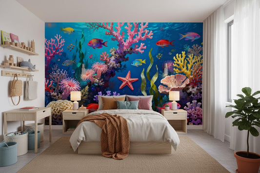 Ocean Coral Reef Colorful Coastal Wallpaper – lifestyle view, Golden Era Walls