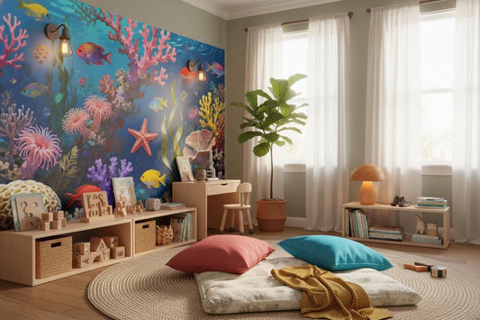 Ocean Coral Reef Colorful Coastal Wallpaper – room setting, Golden Era Walls