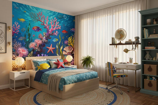 Ocean Coral Reef Colorful Coastal Wallpaper – peel and stick wallpaper mural, Golden Era Walls