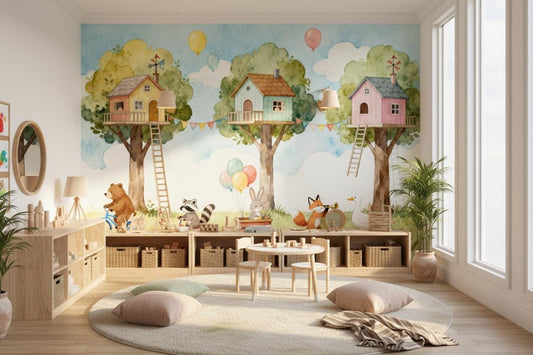Woodland Animal Watercolor Treehouse Wallpaper – room setting, Golden Era Walls