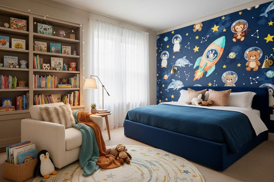 Space Astronaut Animals Navy Wallpaper – lifestyle view, Golden Era Walls
