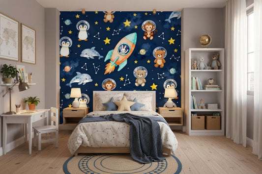 Space Astronaut Animals Navy Wallpaper – peel and stick wallpaper mural, Golden Era Walls