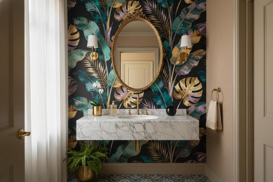 Dark Botanical Gold Teal Floral Wallpaper – lifestyle view, Golden Era Walls