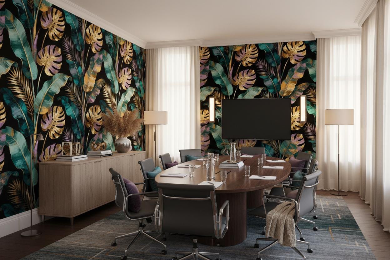 Dark Botanical Gold Teal Floral Wallpaper – alternate view, Golden Era Walls