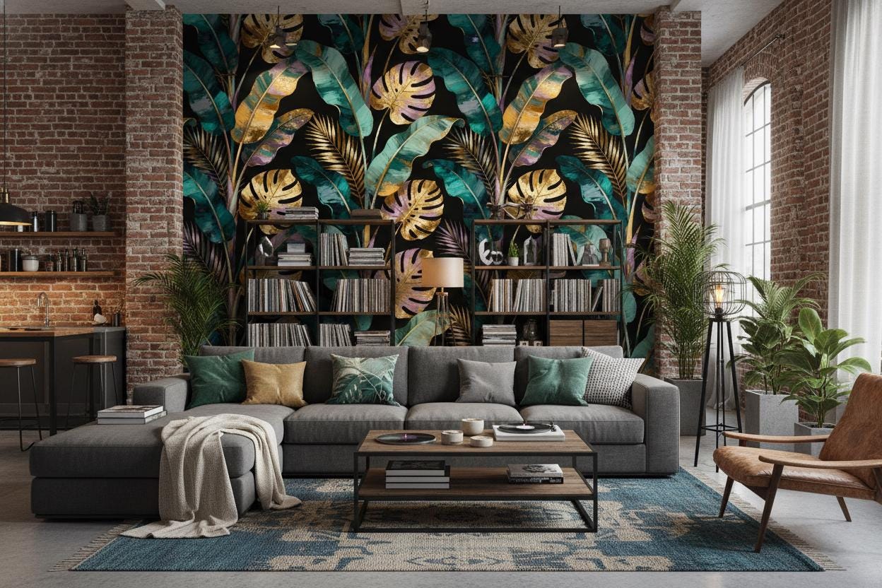 Dark Botanical Gold Teal Floral Wallpaper – room setting, Golden Era Walls