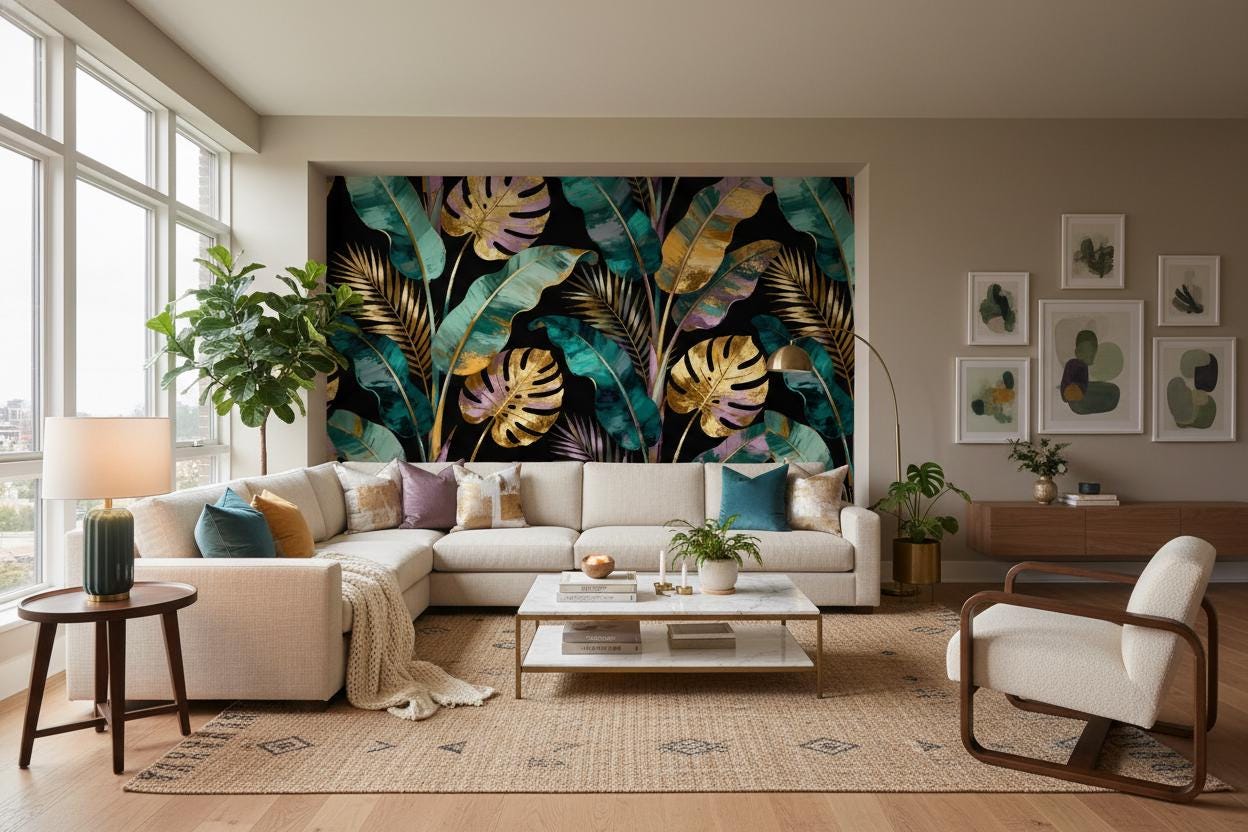 Dark Botanical Gold Teal Floral Wallpaper – scale reference, Golden Era Walls