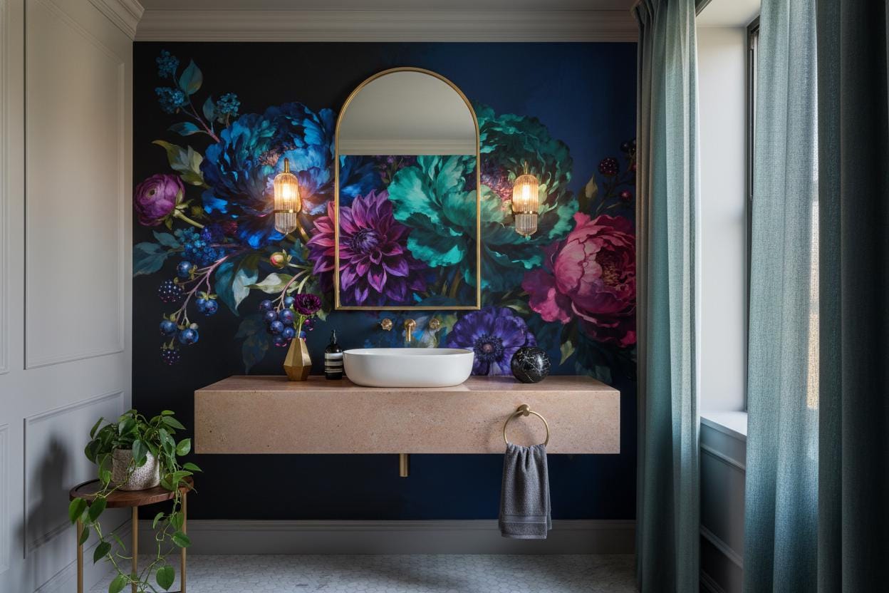 Dark Academia Floral Moody Floral Wallpaper – room setting, Golden Era Walls