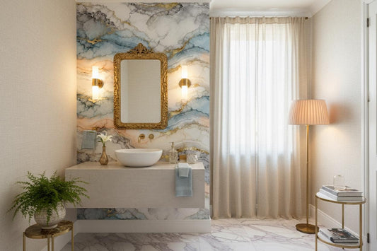 Blue Gold Agate Marble Marble Wallpaper – room setting, Golden Era Walls