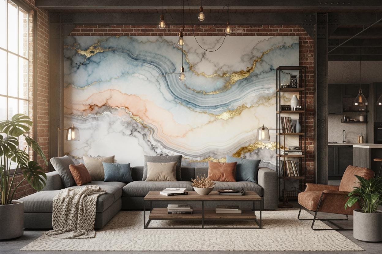 Blue Gold Agate Marble Marble Wallpaper – lifestyle view, Golden Era Walls