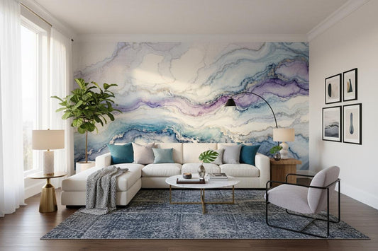 Blue Purple Gold Marble Marble Wallpaper – room setting, Golden Era Walls
