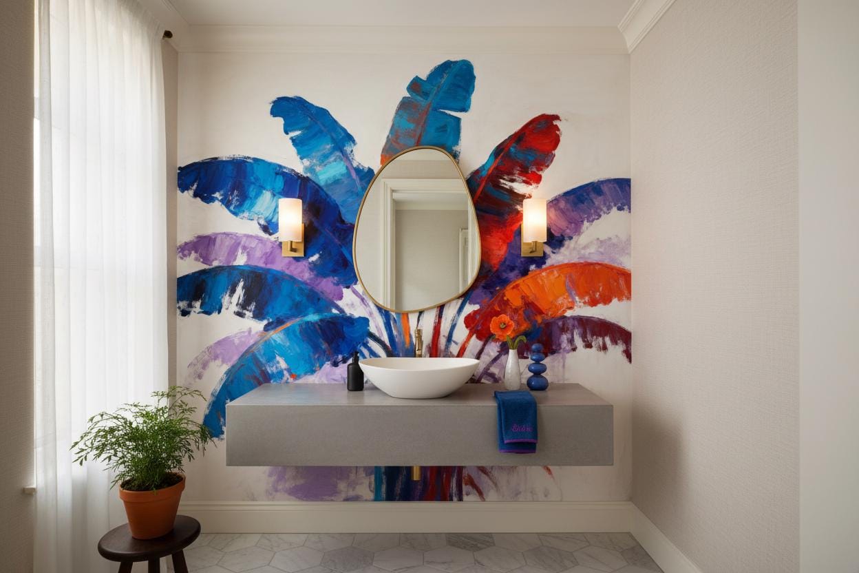 Vibrant Painterly Abstract Tropical Floral Wallpaper – lifestyle view, Golden Era Walls