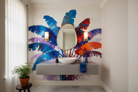 Vibrant Painterly Abstract Tropical Floral Wallpaper – lifestyle view, Golden Era Walls