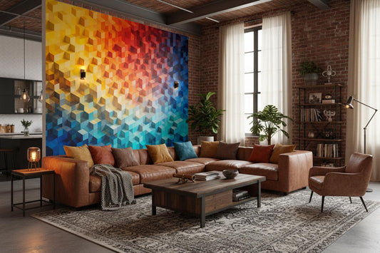 3D Geometric Cube Multi Geometric Wallpaper – lifestyle view, Golden Era Walls