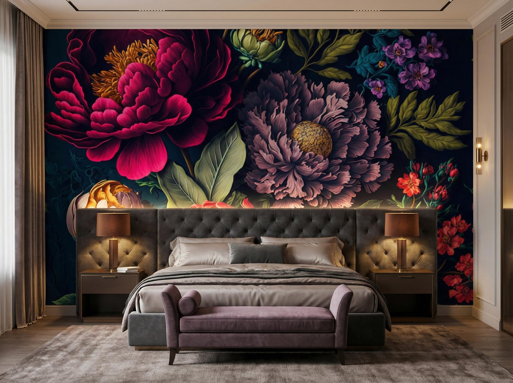 Romantic Flower Peony Bold Floral Wallpaper – lifestyle view, Golden Era Walls