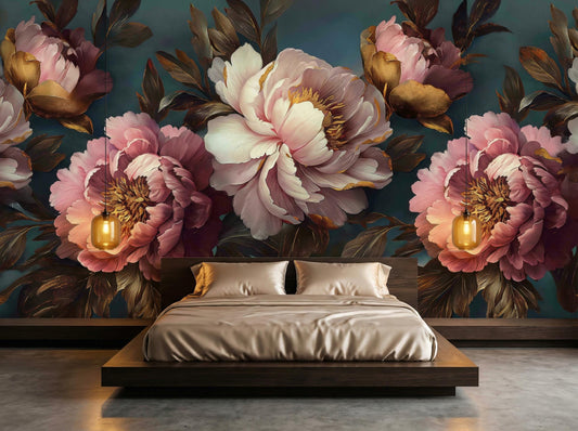 Luxury Purple Peony Dramatic Floral Wallpaper – peel and stick wallpaper mural, Golden Era Walls